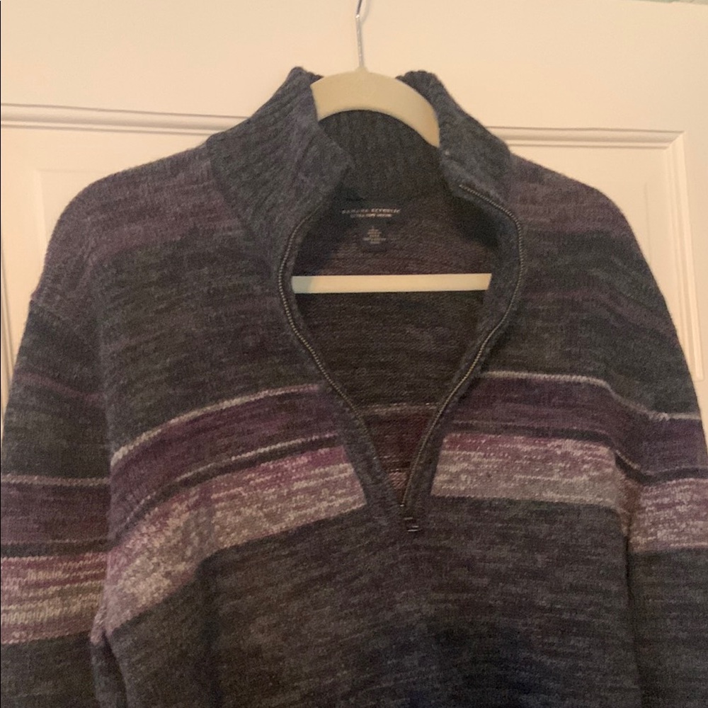 BR Men's Dark Gray and Purple Striped Merino Wool Sweater